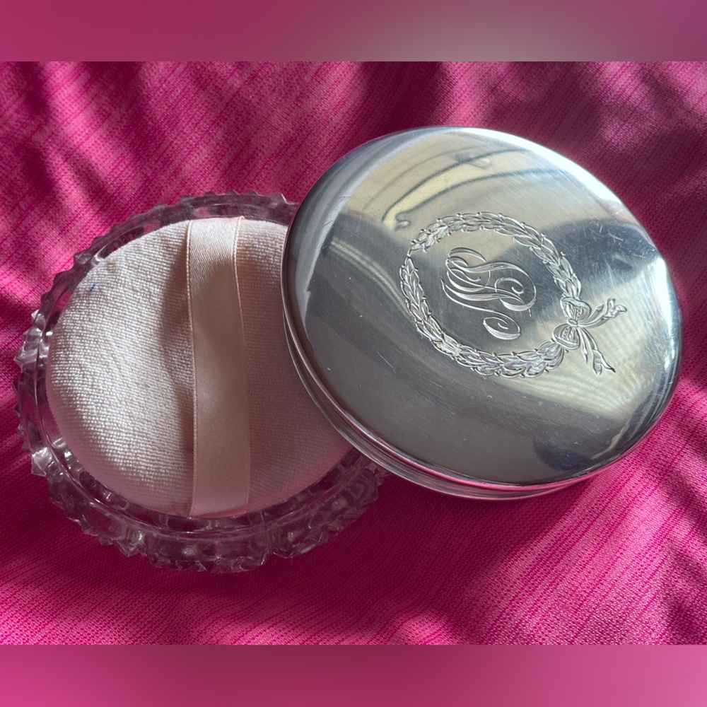 Vintage Birks Sterling Silver & crystal Vanity / Dresser Powder Jar with puff.